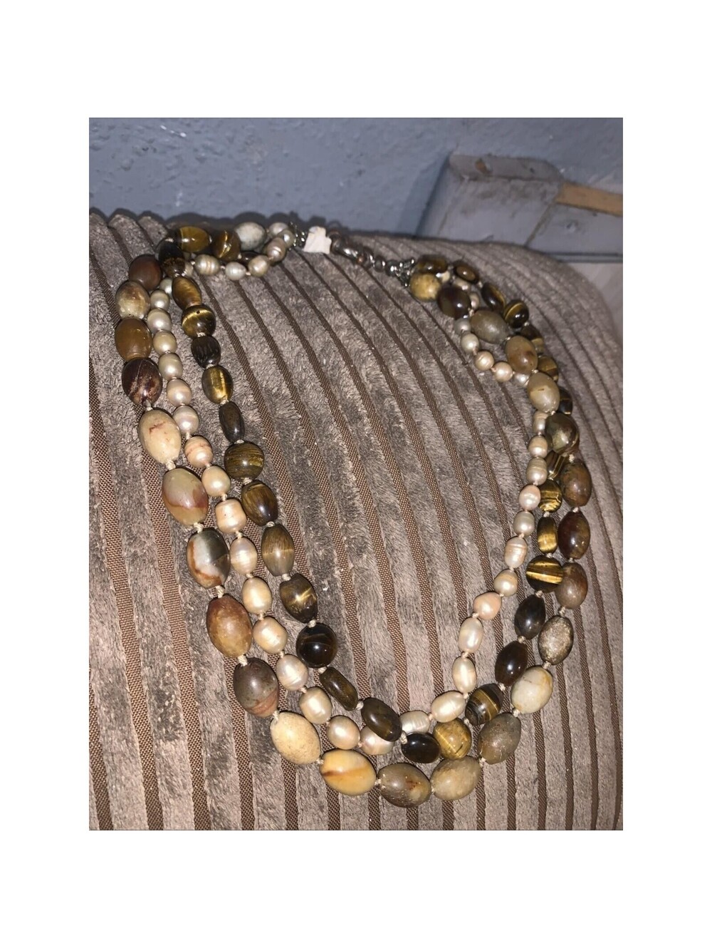 Natural Champagne Pearl Iron Tigers Eye and Agate Tibet Beaded Necklace Boho